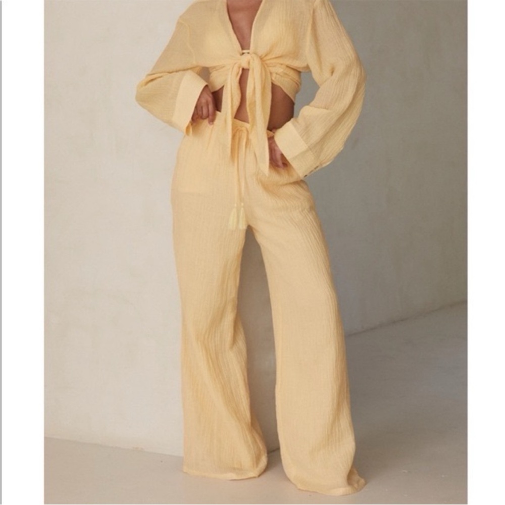 Monday Swimwear Yellow Crinkle Linen Tahiti Pants.